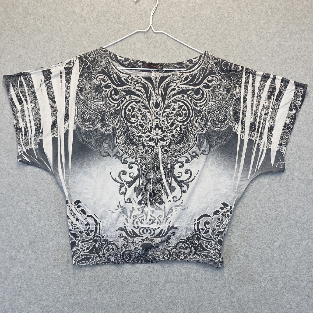 Body Central Cropped Top Baroque Scroll Print Gray Black Medium